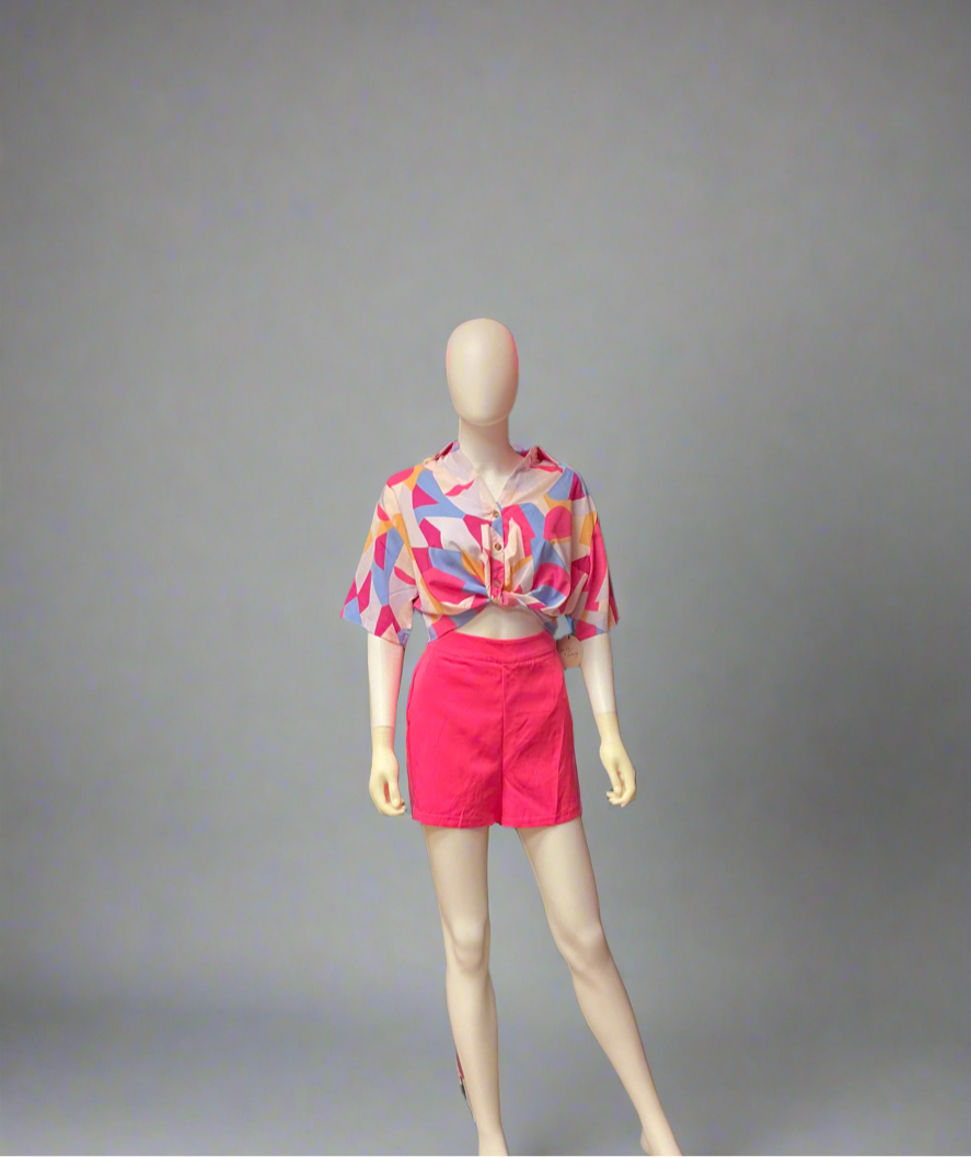 Geometric Blouse and Pink Short Set
