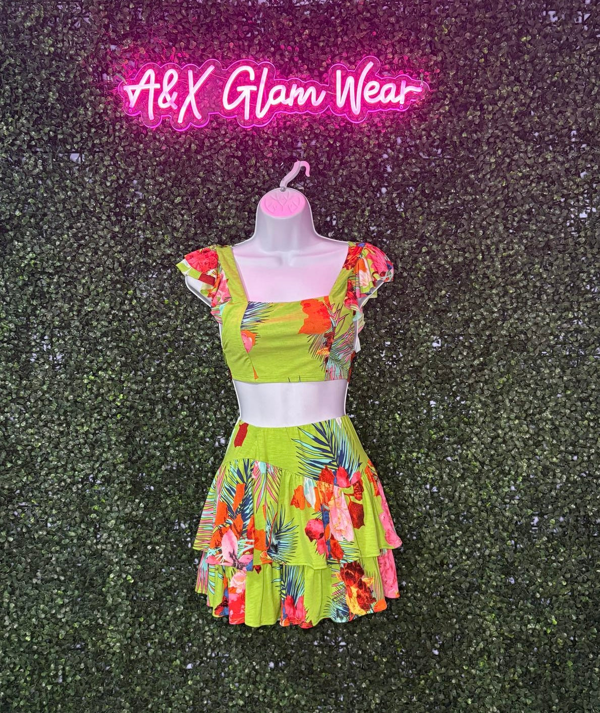 Green Floral Two-Piece Set - Crop Top & Skirt