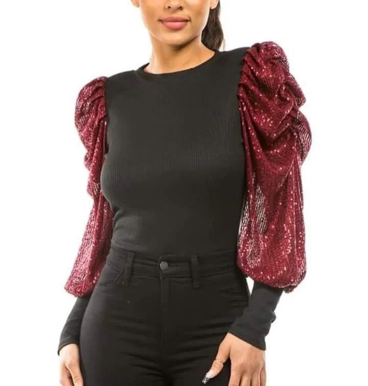 Maroon & Black Sequin Bodysuit - Two-Tone Party Top