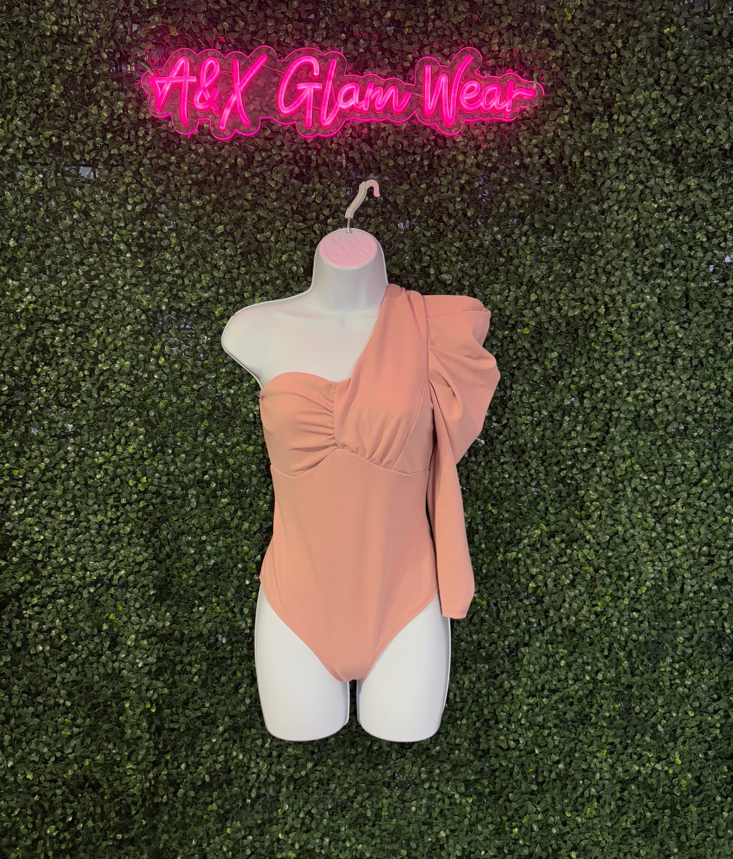 Blush Pink One Shoulder Bodysuit - Puff Sleeve