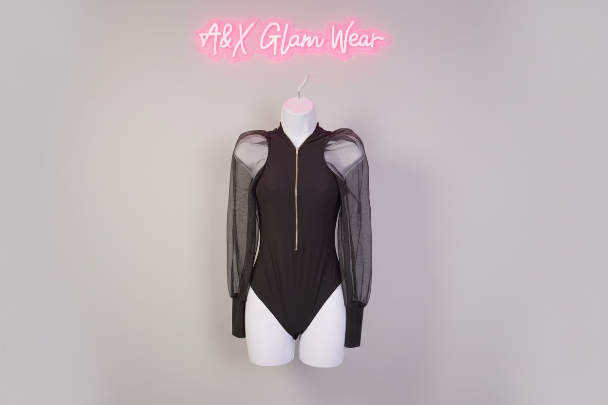 Black Lace Sleeve Bodysuit - Zip Front