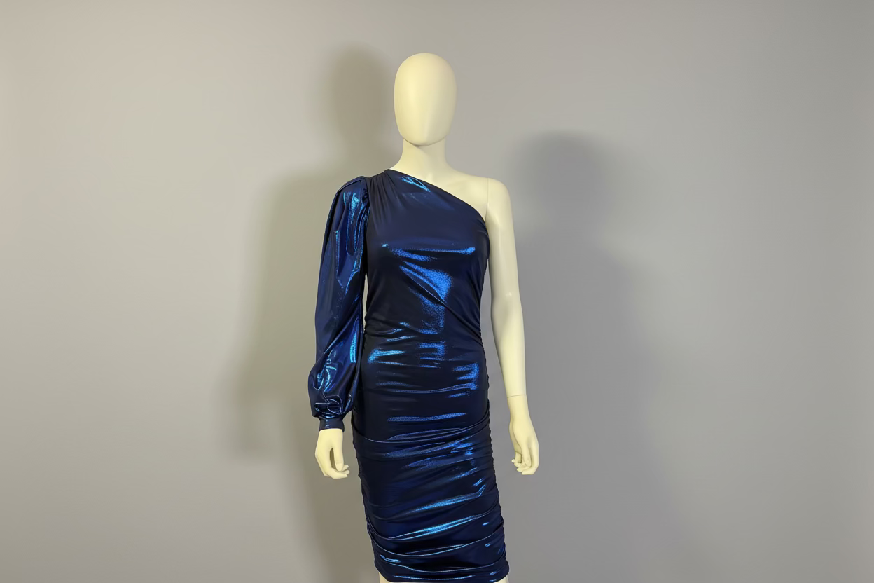 Metallic Blue One Shoulder Dress - Puff Sleeve