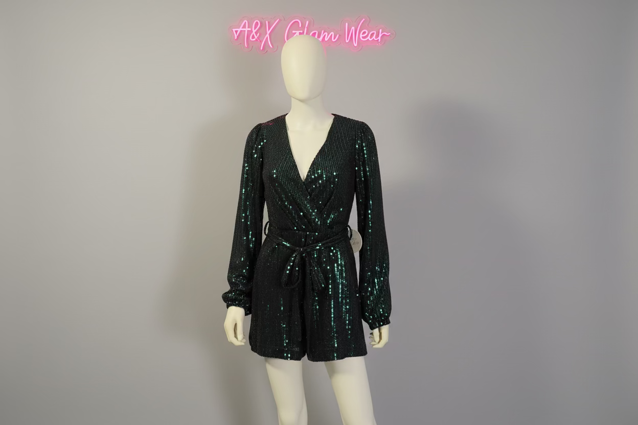 Black Sequin Wrap Romper - Long Sleeve Party Jumpsuit