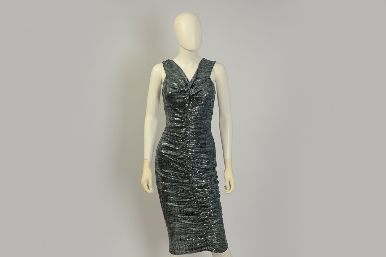 Silver Sequin Bodycon Dress - V-Neck Knee Length
