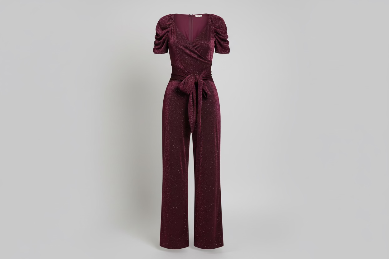 Burgundy Shimmer Jumpsuit - Puff Sleeve Wide Leg