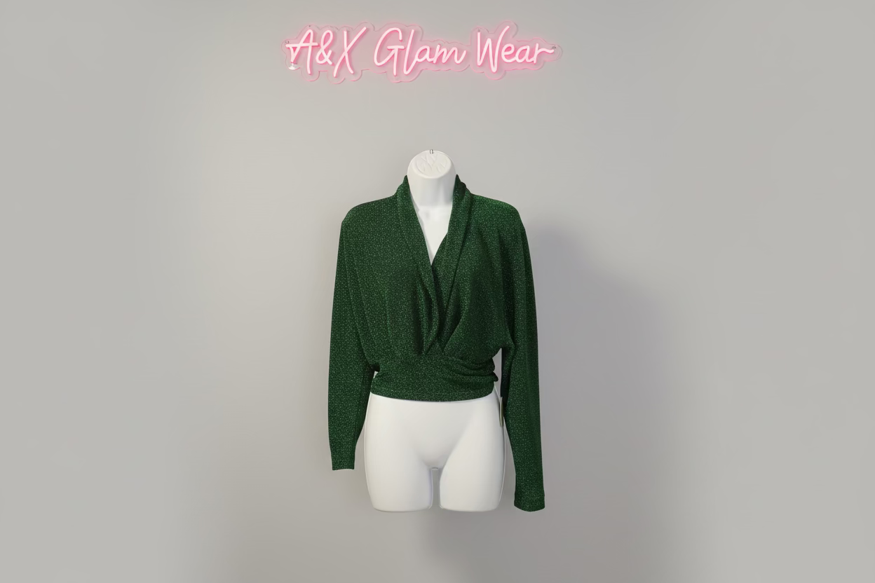 Emerald Green Shimmer Wrap Top - Long Sleeve