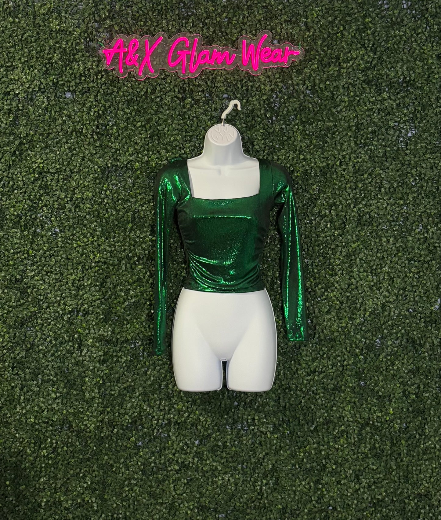 Emerald Green Metallic Crop Top - Long Sleeve
