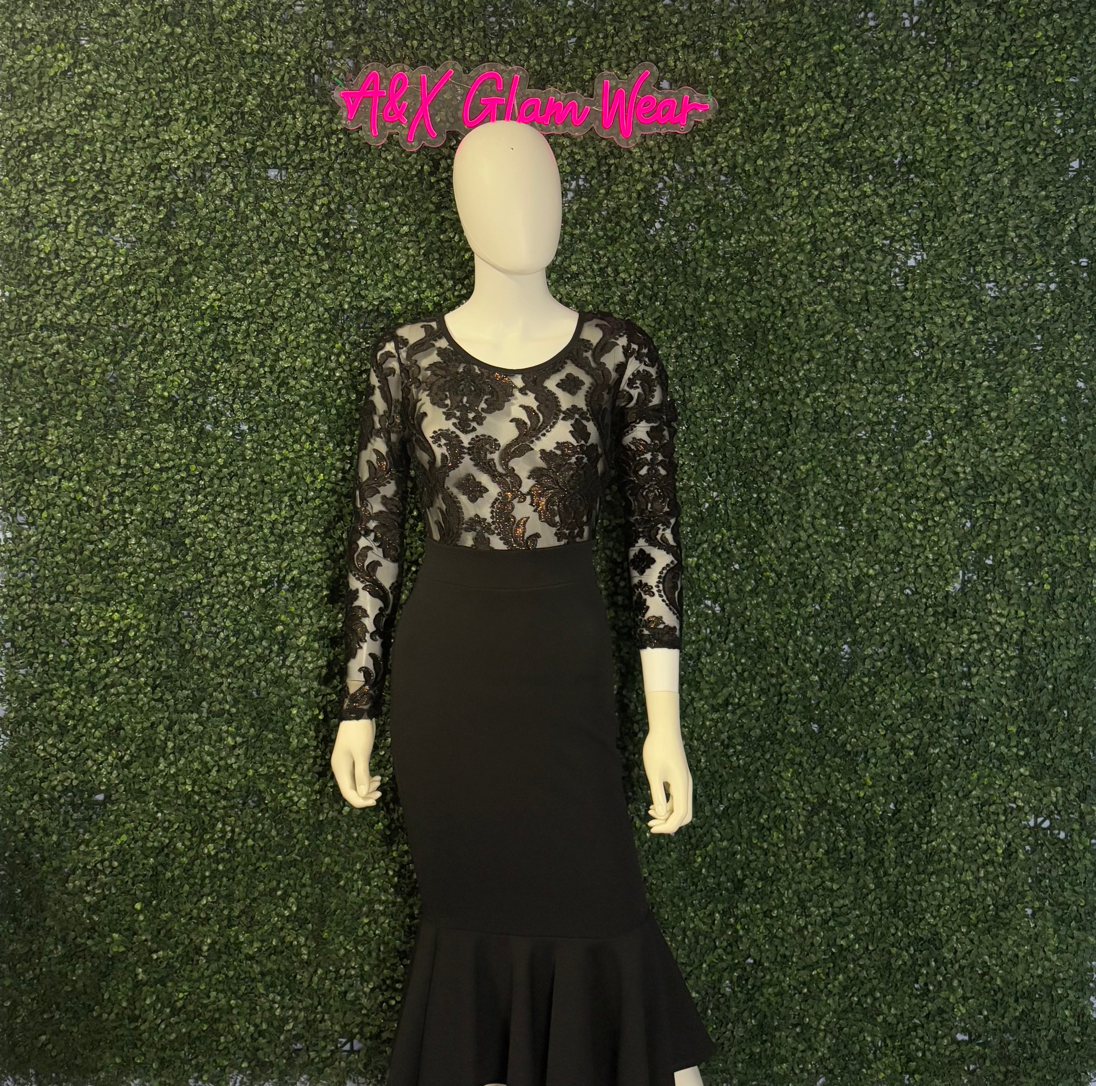 Black with Gold Lace Ruffle Dress A&X Glam Wear Black with Gold Lace Ruffle Dress A&X Glam Wear