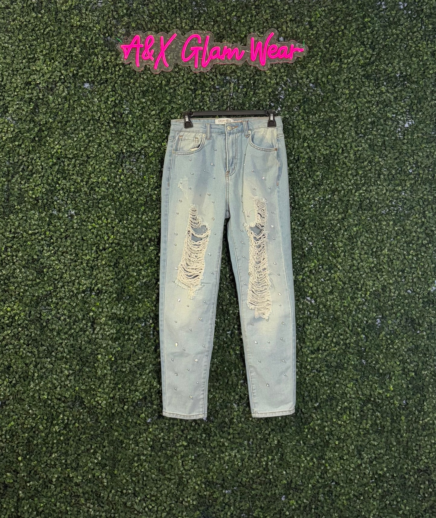 Distressed Straight Leg Jeans - Light Wash Denim