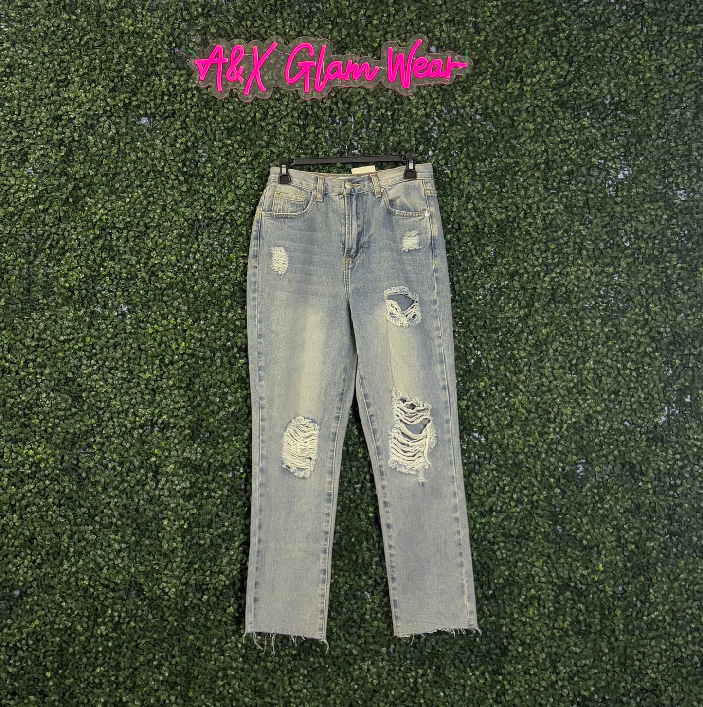 Distressed Straight Leg Jeans - Light Wash Denim