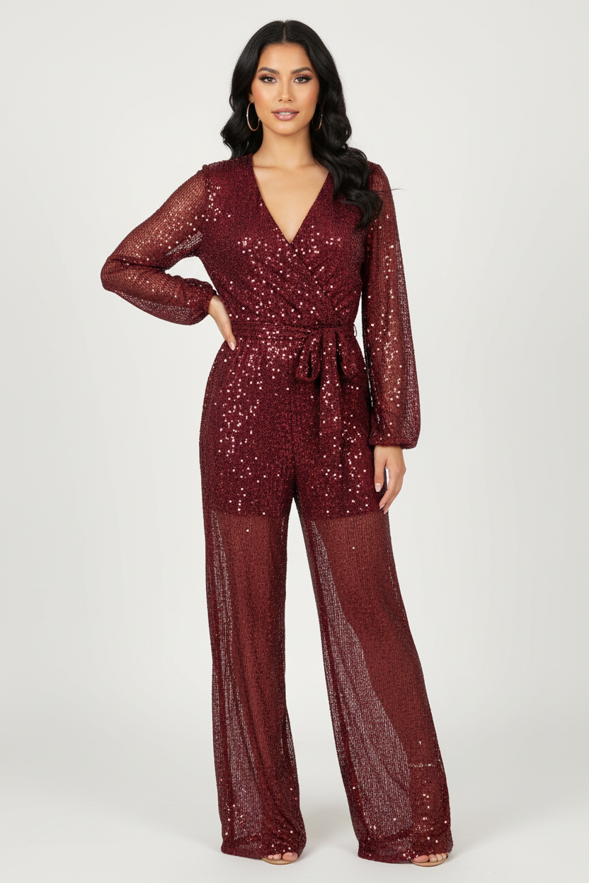 Burgundy Sequin Jumpsuit with Sheer Details - Front