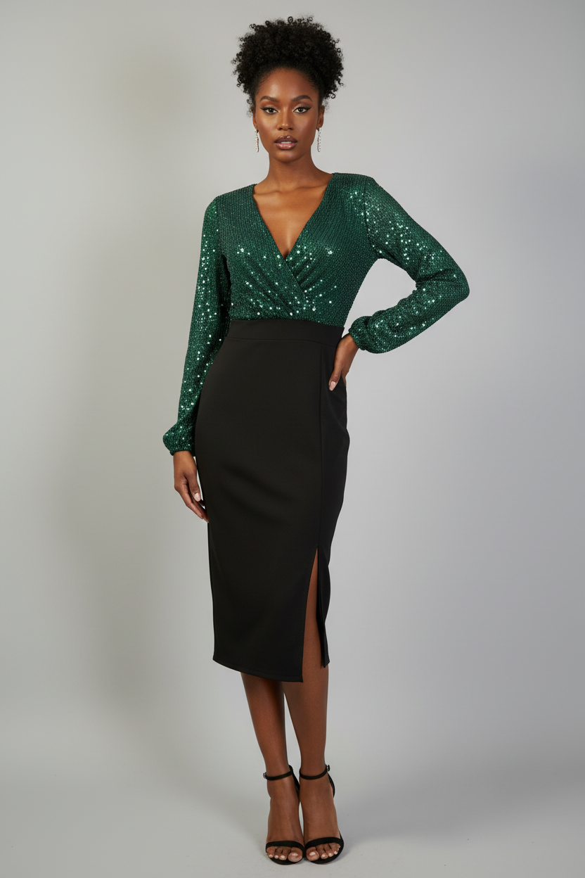 Model wearing emerald green sequin dress