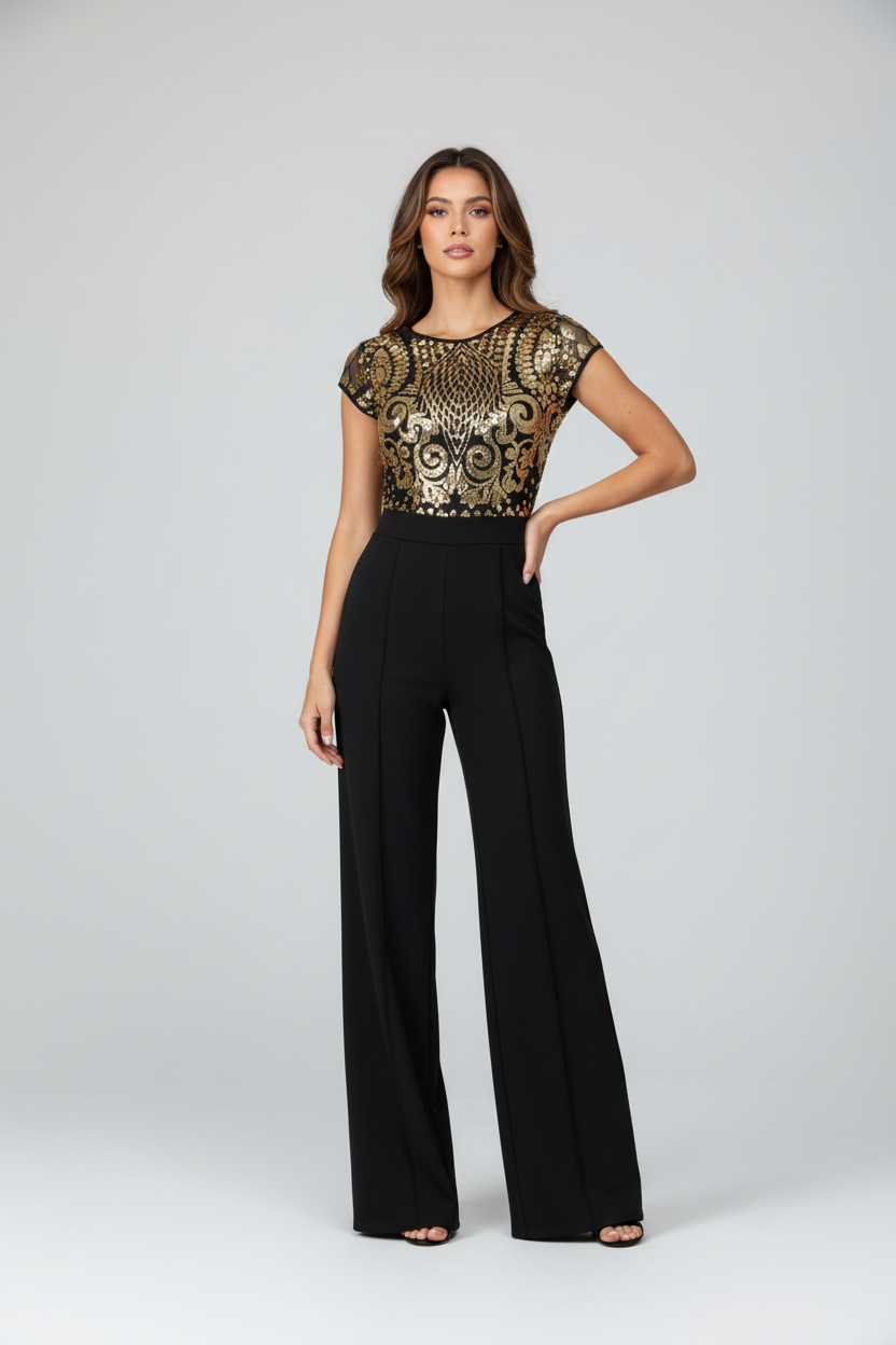 Model wearing gold sequin bodice jumpsuit