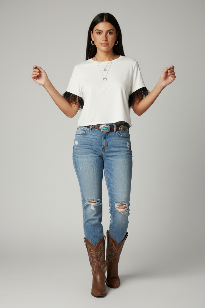 Model wearing white crop top with black fringe sleeves in casual western style