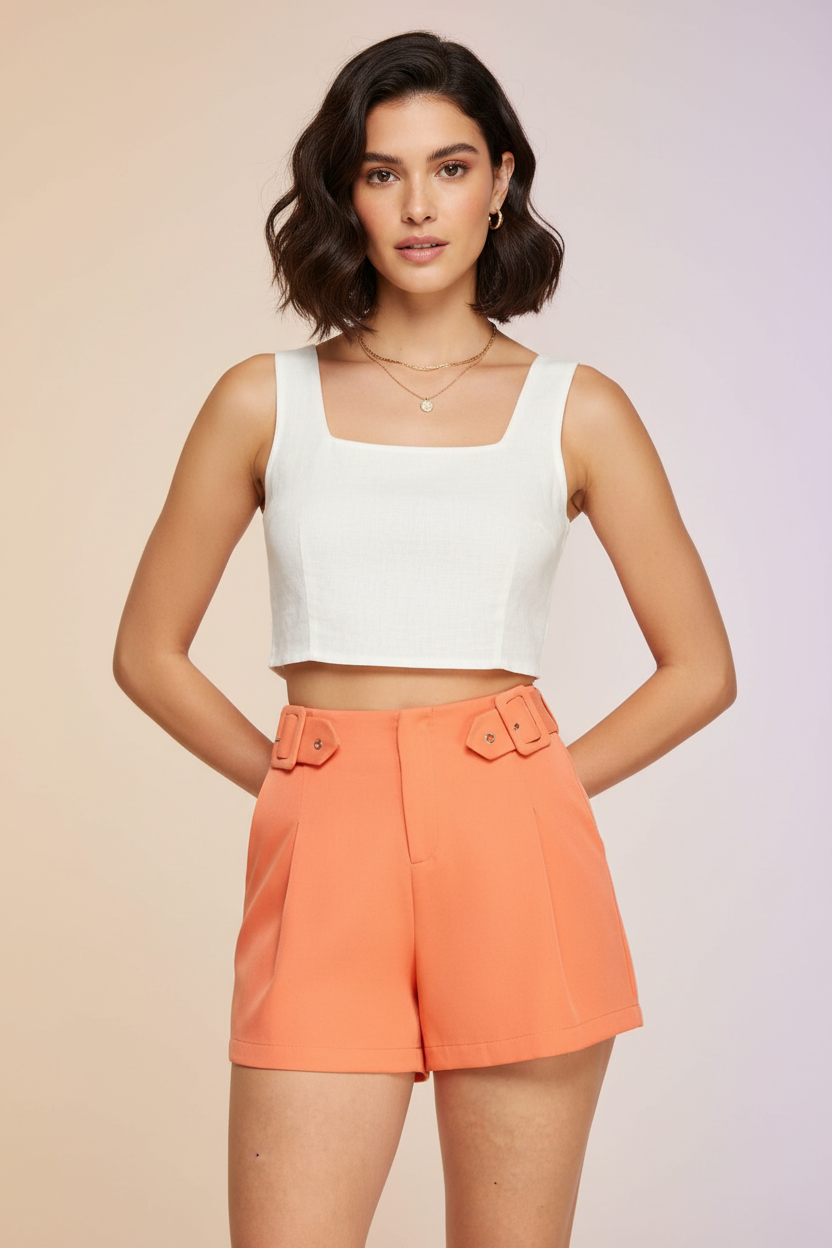 Different model wearing coral high-waisted shorts on warm-toned background