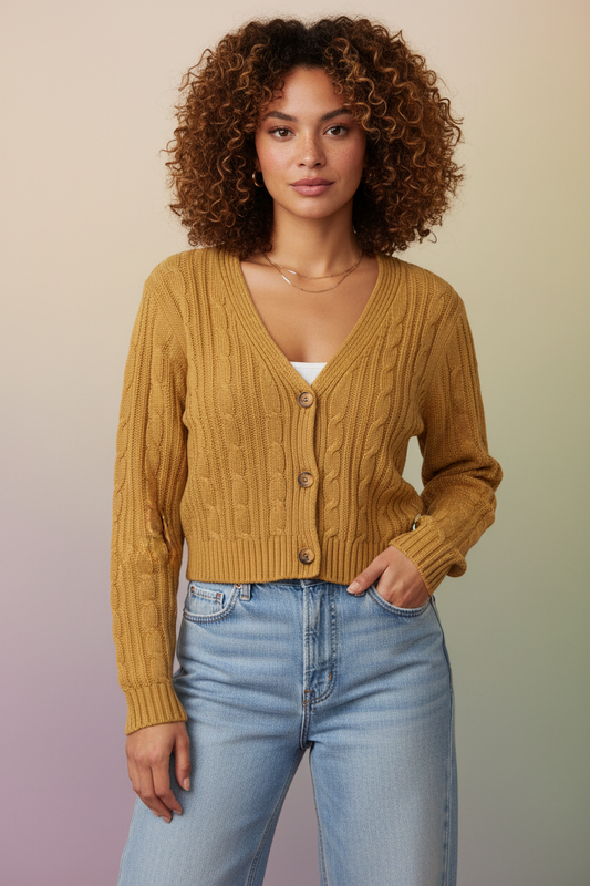 Different model wearing mustard yellow cable knit cropped cardigan