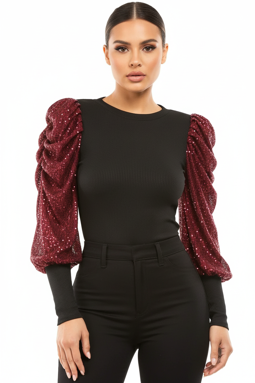 Maroon & Black Sequin Bodysuit Model