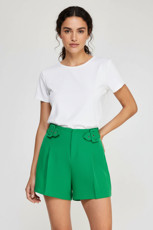 Model wearing emerald green high-waisted shorts without pockets