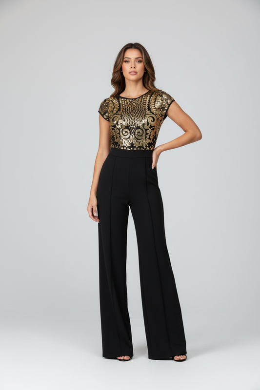 Model wearing gold sequin bodice jumpsuit