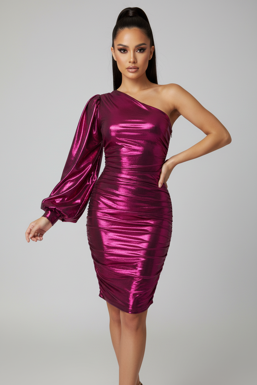 Model wearing metallic fuchsia dress - front view