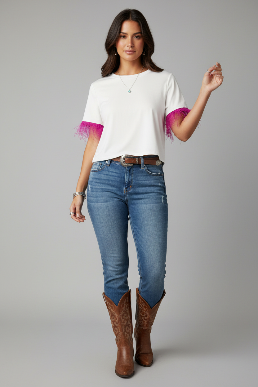 Model wearing white crop top with pink fringe sleeves in casual western style