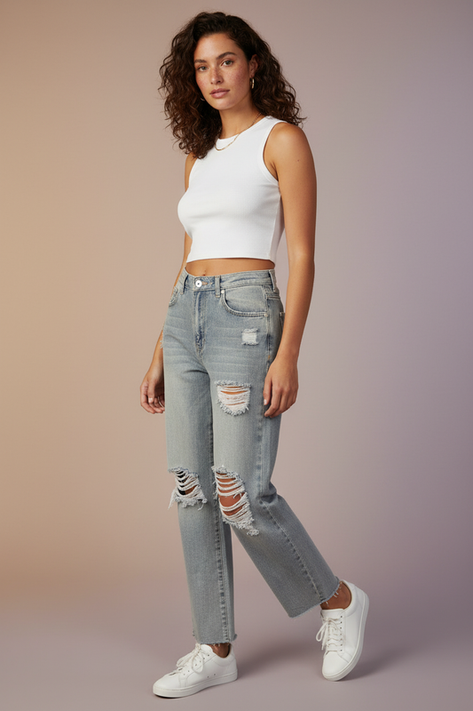 Photorealistic model wearing gray distressed jeans