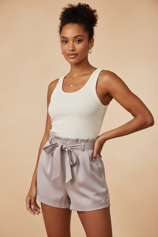 Photorealistic model wearing gray satin shorts matching reference photo