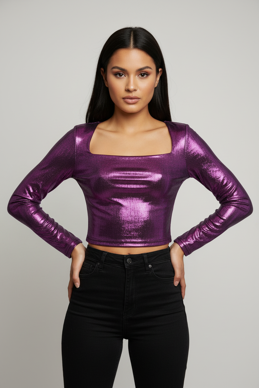 Purple Metallic Shimmer Crop Top - Front View
