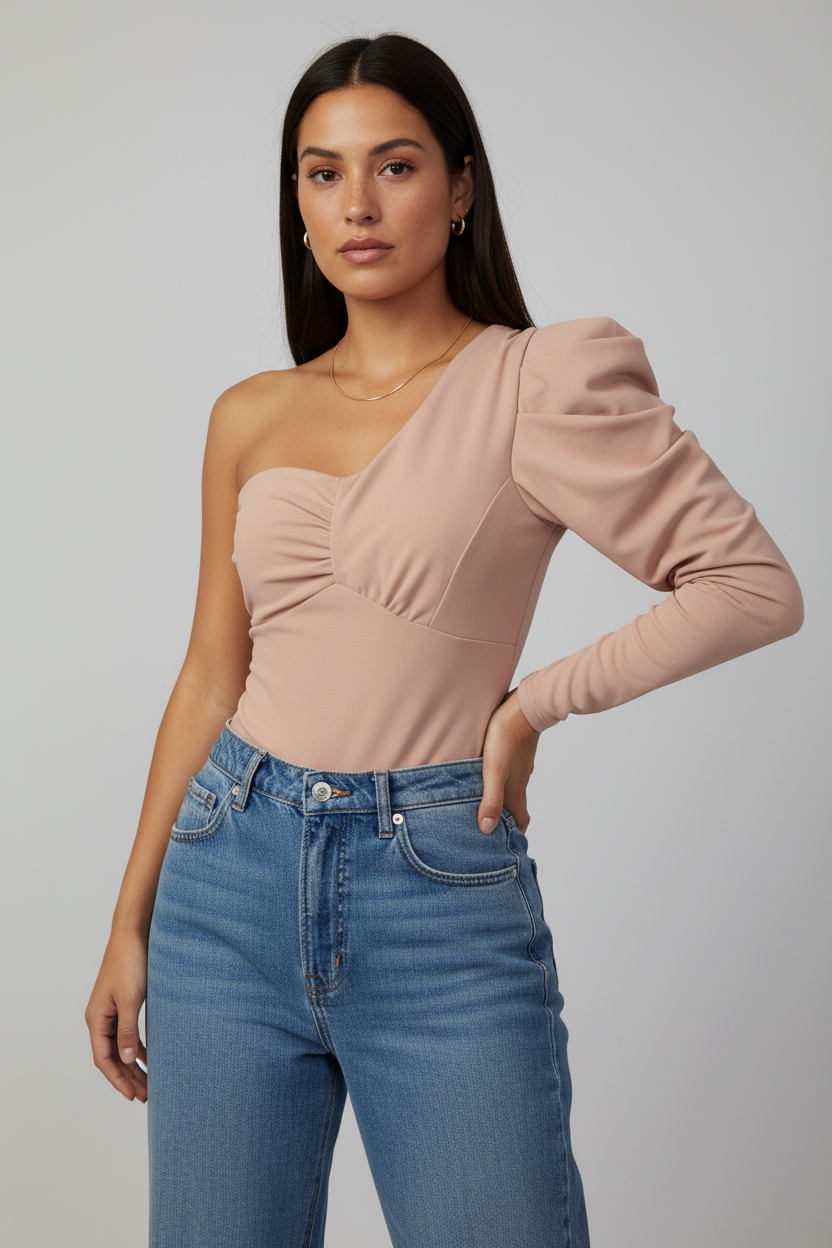 Realistic model wearing dusty pink one-shoulder bodysuit