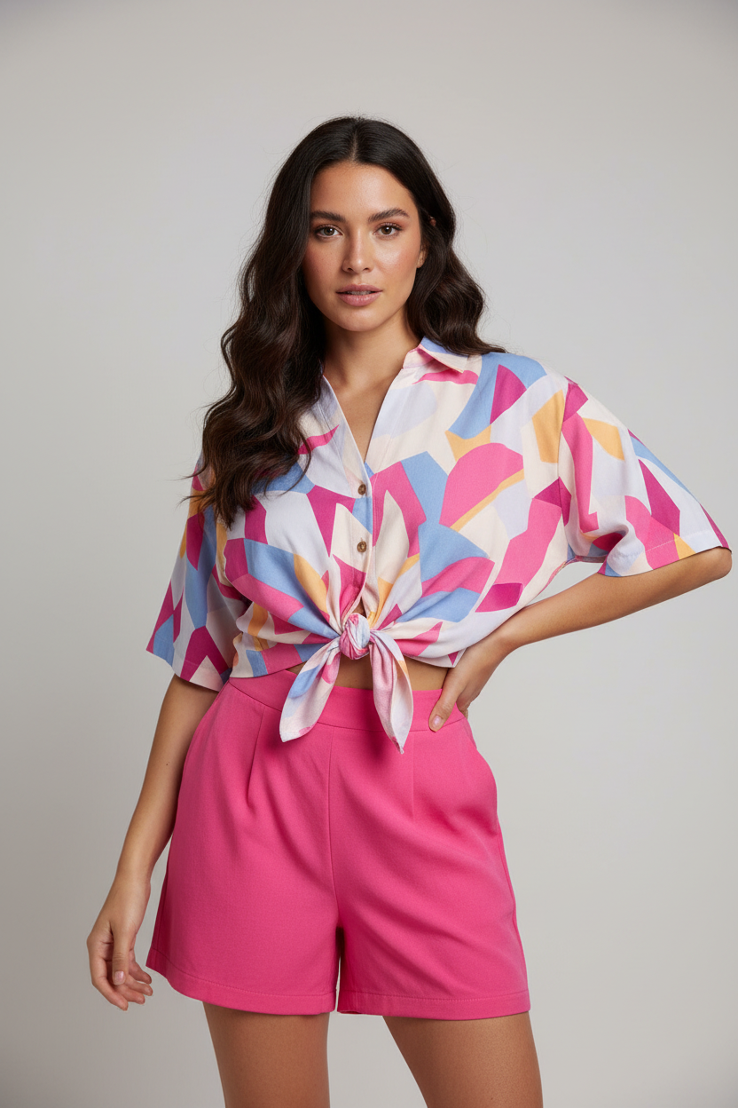 Realistic model wearing geometric print top and hot pink shorts matching reference