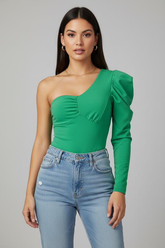 Realistic model wearing green one-shoulder bodysuit with sleeve prominently displayed