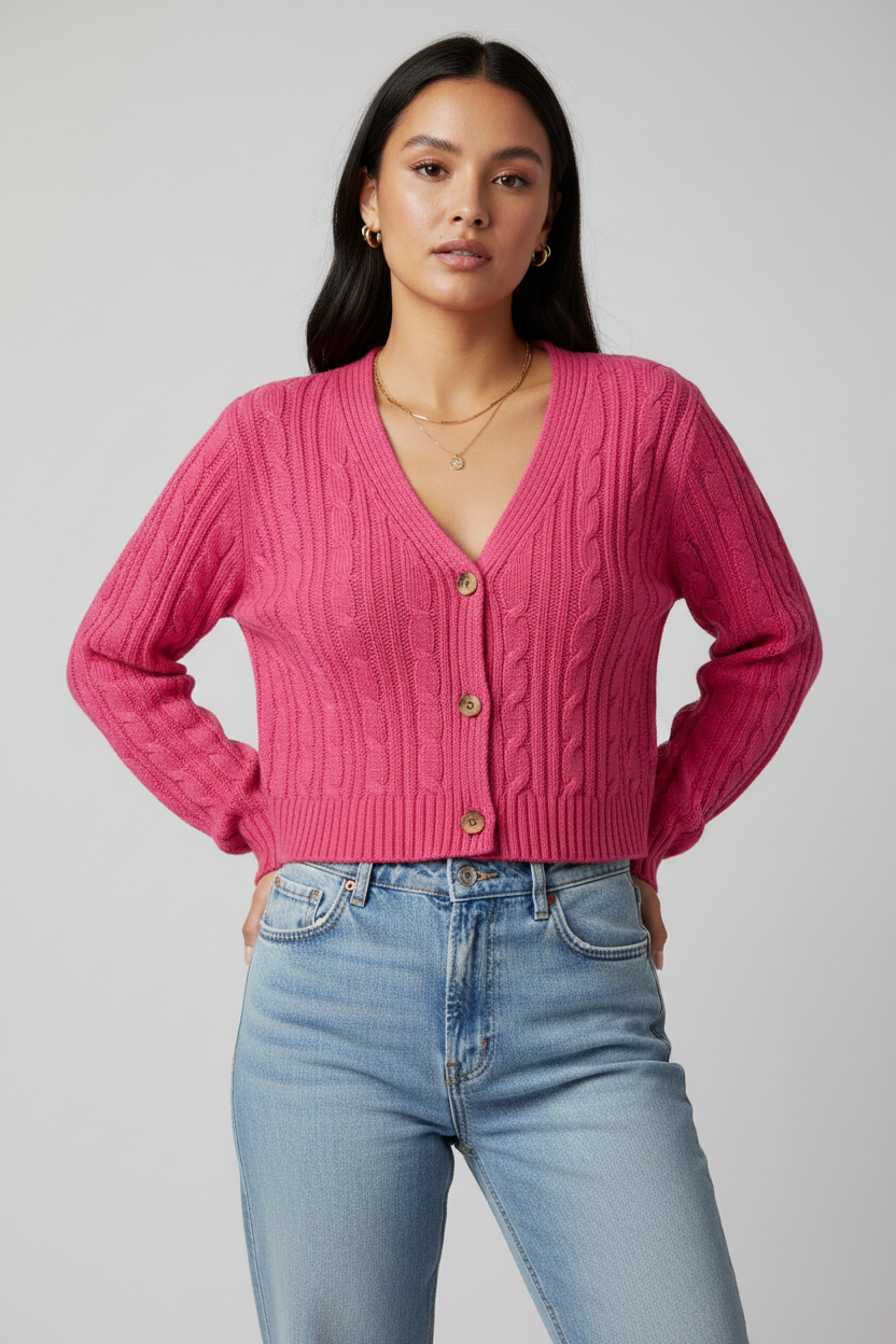 Realistic model wearing hot pink cable knit cropped cardigan