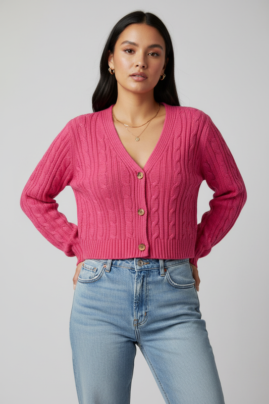 Realistic model wearing hot pink cable knit cropped cardigan